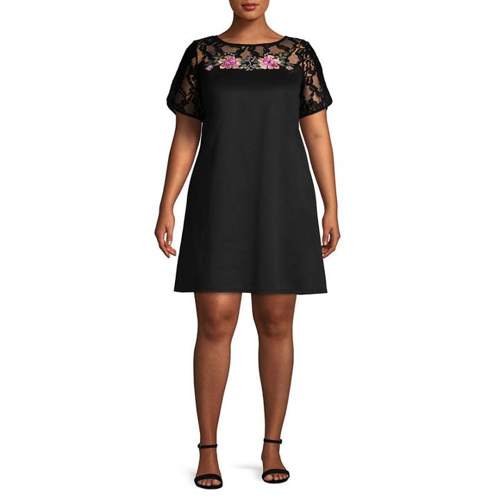 Luxology Short Sleeve Embroidered Floral A-line Dress-plus