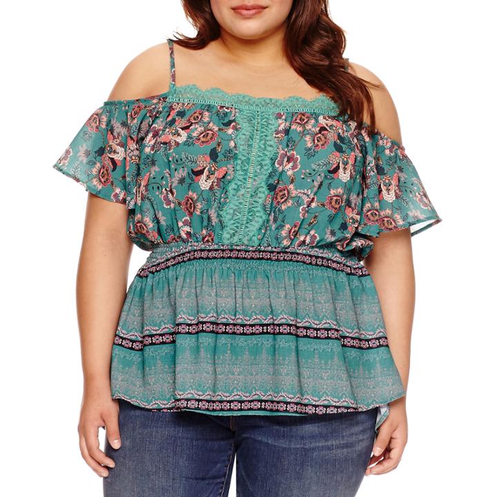 Boutique + Short Sleeve Square Neck Gauze Blouse-plus