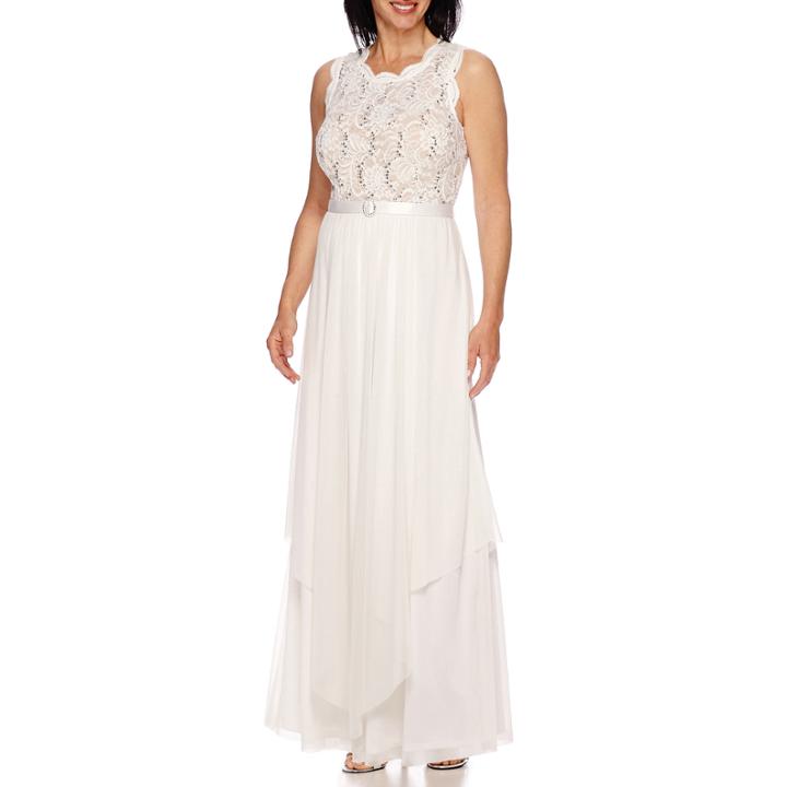 R & M Richards Sleeveless Lace Belted Gown