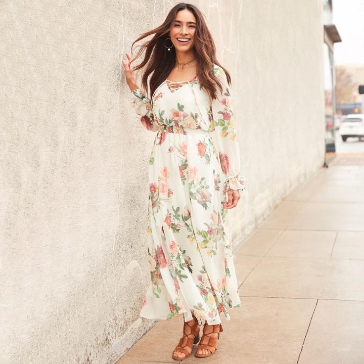 Belle + Sky Long Sleeve Lace Up Maxi Dress