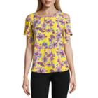 By & By Short Sleeve Round Neck Crepe Floral Blouse-juniors