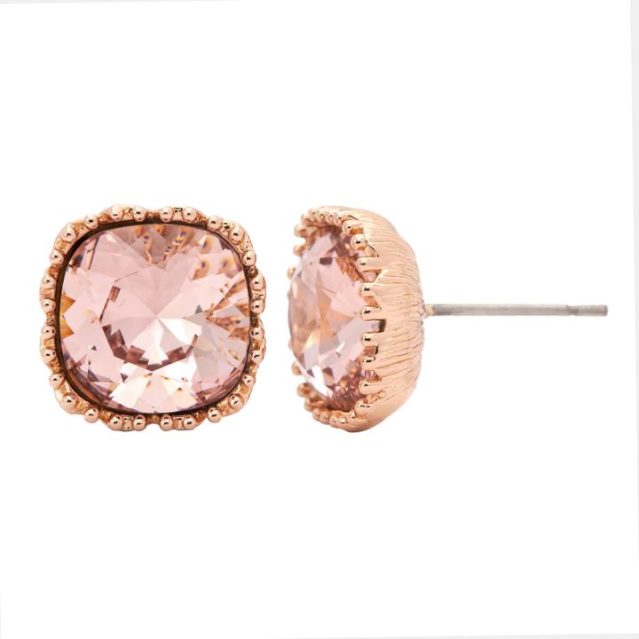 City Rocks Swarvorski Cushion Pink Brass Stud Earrings