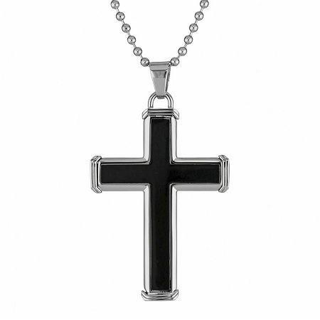 Mens Stainless Steel & Black Ip Cross Pendant Necklace