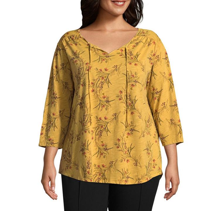 St. John's Bay 3/4 Sleeve Keyhole Garment Wash Blouse - Plus