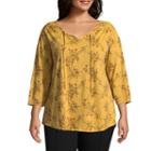 St. John's Bay 3/4 Sleeve Keyhole Garment Wash Blouse - Plus