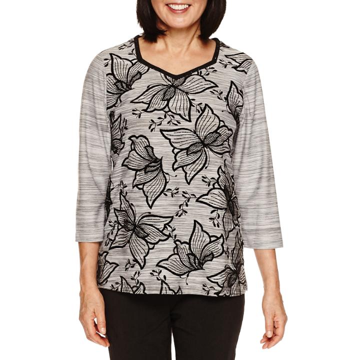 Alfred Dunner Wrap It Up 3/4 Sleeve Flocked Floral Top