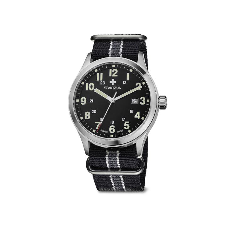Swiza Mens Black And Gray Stripe Nylon Strap Watch