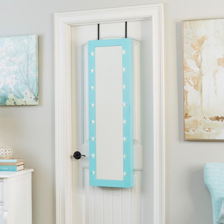 Weathered Turquoise Mirrored Jewelry Armoire With Led Lights