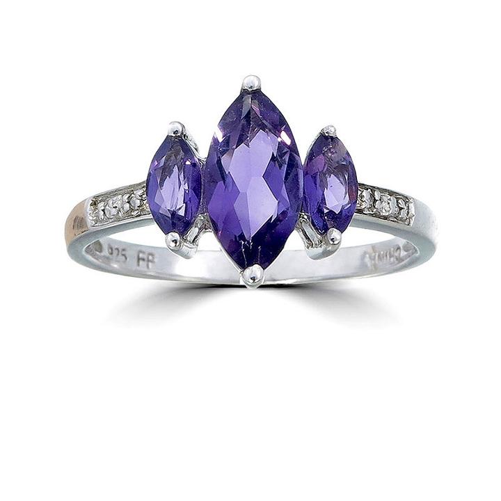 Womens Diamond Accent Genuine Amethyst Purple Sterling Silver 3-stone Ring