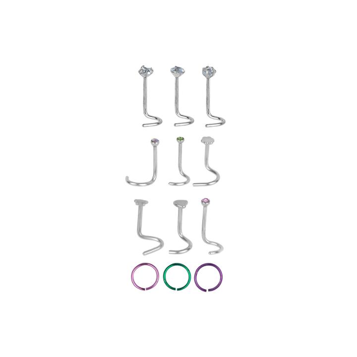 Stainless Steel 316l 12-pc 20 Ga. Crystal Nose Screws And Captive Hoop Nose Set