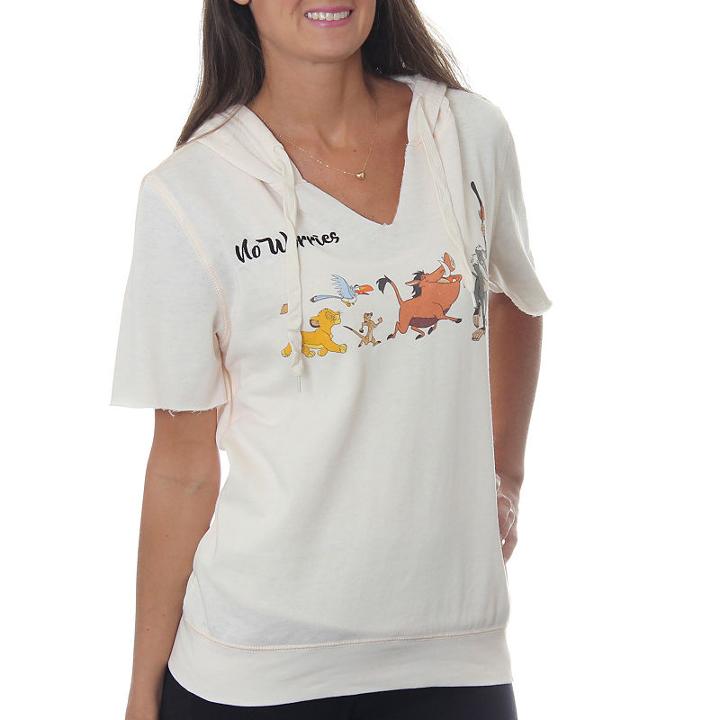 Lion King Juniors' No Worries Character Line Burnout Wash Split Neck Short Sleeve Graphic Hoodie With Text Embroidery
