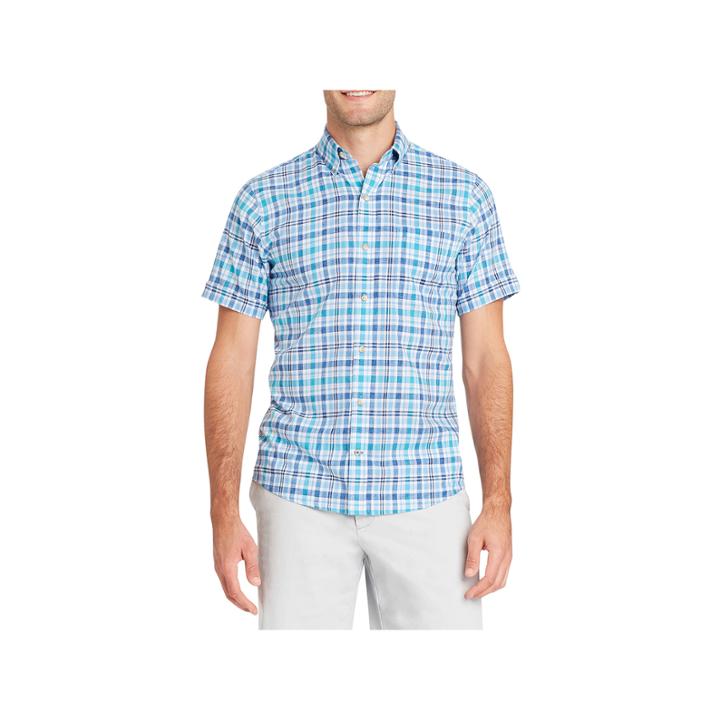 Izod Dockside Chambray Short Sleeve Plaid Button-front Shirt