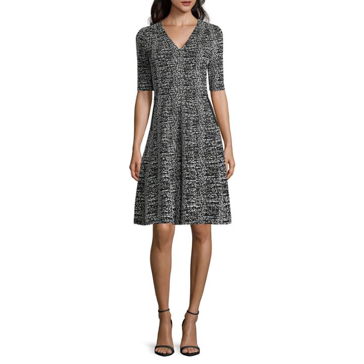 Danny & Nicole Elbow-sleeve Textured Knit Fit-and-flare Dress - Petite