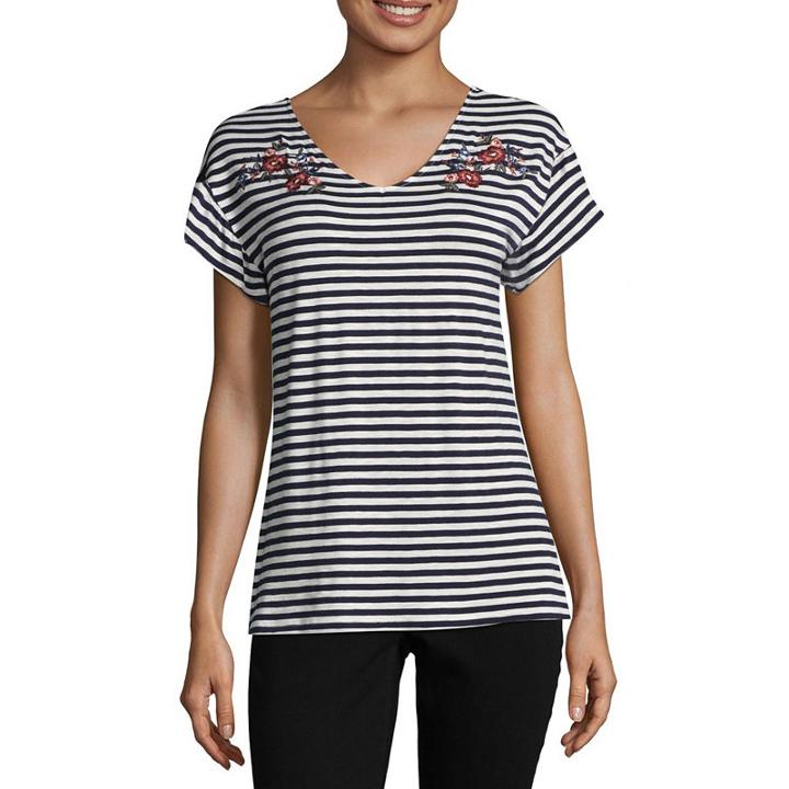 Como Blu Short Sleeve V Neck Jersey Embroidered Blouse