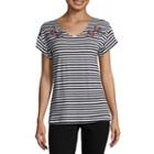 Como Blu Short Sleeve V Neck Jersey Embroidered Blouse