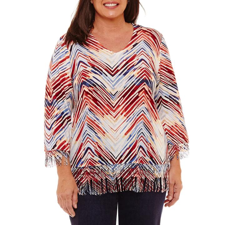 Alfred Dunner Gypsy Moon 3/4 Sleeve V Neck Zig Zag Fringe Sweater-plus