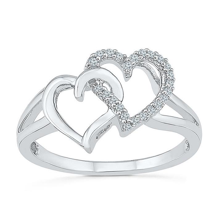 Womens 1/10 Ct. T.w. Genuine Diamond White Sterling Silver Heart Cocktail Ring