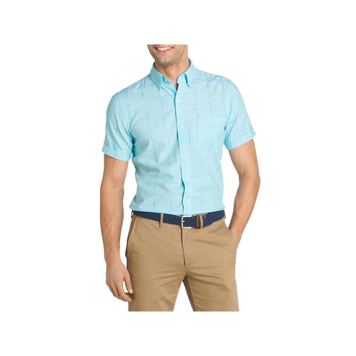 Izod Short Sleeve Windowpane Chambray Button Front Shirt