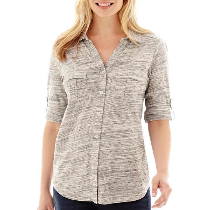 Liz Claiborne 3/4-sleeve Button-front Knit Top - Petite