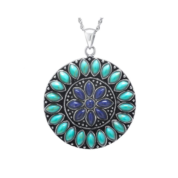 Enhanced Turquoise & Dyed Blue Lapis Sterling Silver Medallion Pendant Necklace