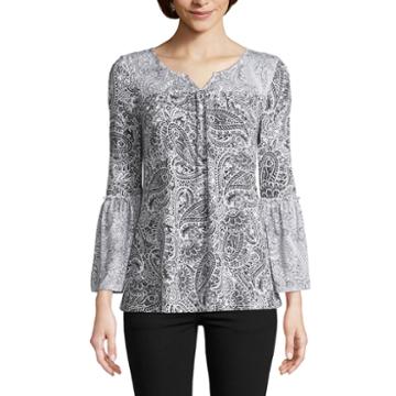 Como Blu Long Sleeve Split Crew Neck Knit Paisley Blouse