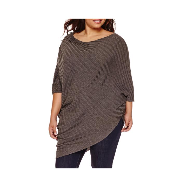 Boutique+ Elbow-sleeve Scoop Neck Asymmetric Sweater - Plus