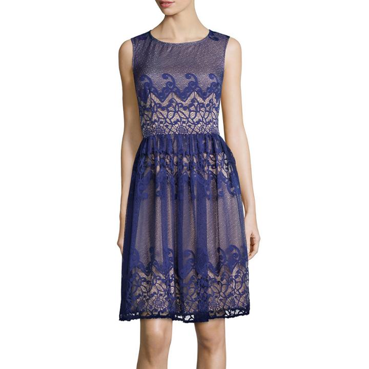 London Style Collection Sleeveless Scroll Stripe Lace Fit-and-flare Dress
