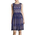 London Style Collection Sleeveless Scroll Stripe Lace Fit-and-flare Dress