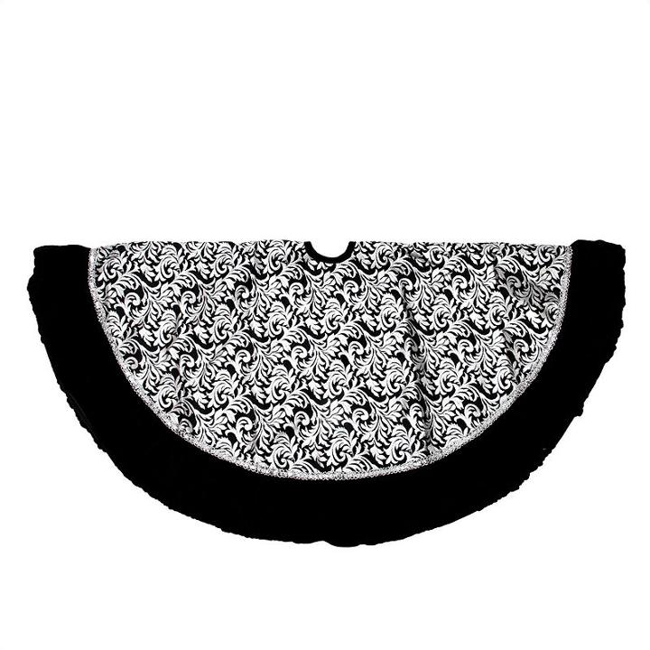 48 Black And Silver Metallic Flourish Christmas Tree Skirt With Venetian-style Ruffled Trim