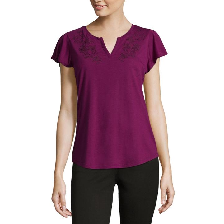 Liz Claiborne Short Sleeve Split Crew Neck Embroidered T-shirt-womens