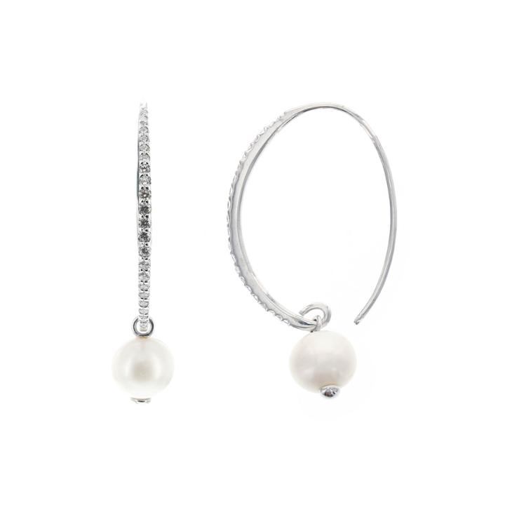 Diamonart Cubic Zirconia Cultured Freshwater Pearl Sterling Silver Hoop Earrings