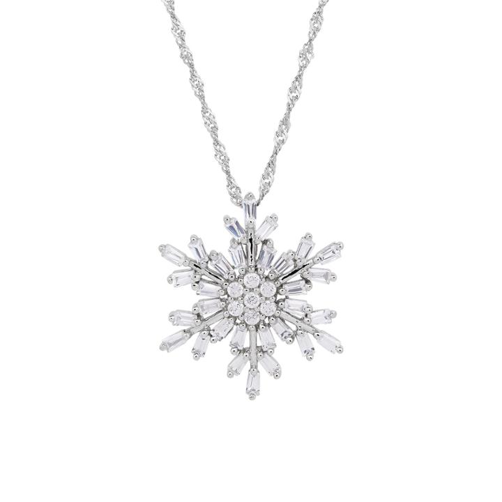 Sterling Silver Cubic Zirconia Baguette Snowflake Pendant Necklace