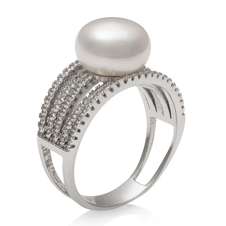 Womens Genuine White Cultured Freshwater Pearls Sterling Silver Cocktail Ring