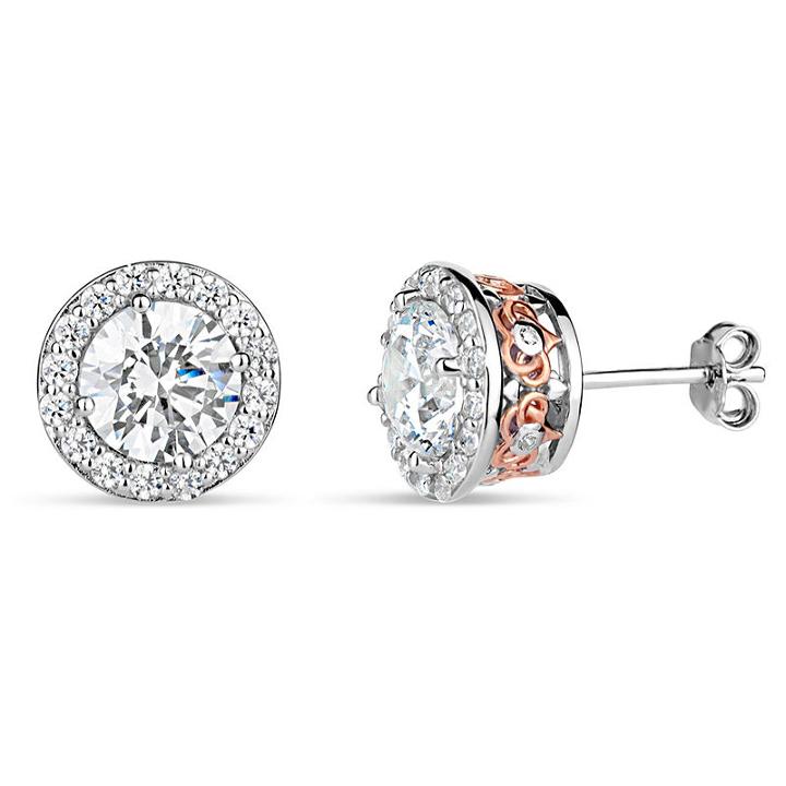Sterling Silver Two-tone Halo Filigree Sides Stud Earrings Featuring Swarovski Zirconia