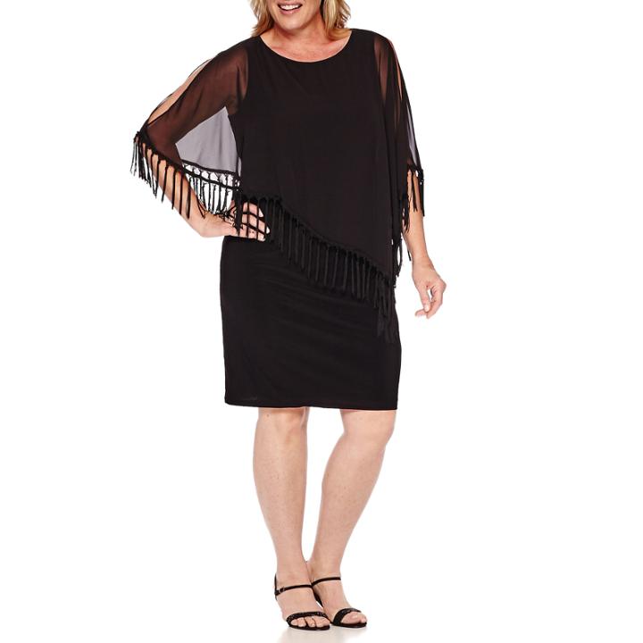 R & M Richards Asymmetrical Fringe Capelet Dress - Plus