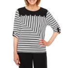 Alfred Dunner Saratoga Springs 3/4 Sleeve Spliced Stripe T-shirt-petites