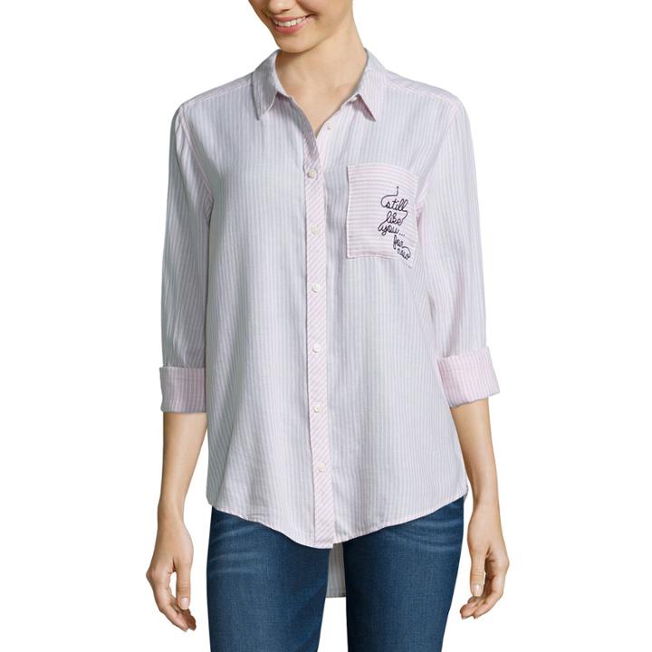 Arizona Long Sleeve Embroidered Stripe Shirt-juniors