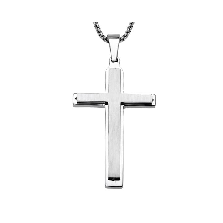 Mens Stainless Steel Double Layer Cross Pendant Necklace