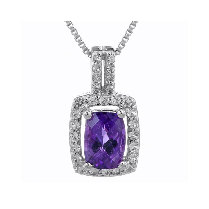 Cushion-cut Genuine Amethyst And White Sapphire Pendant Necklace