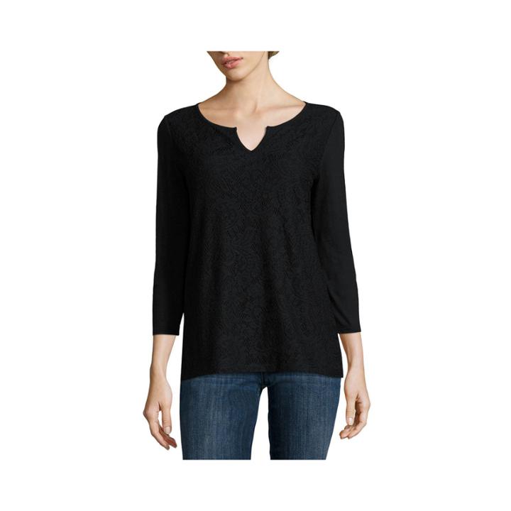 Liz Claiborne 3/4-sleeve Splitneck Lace-front Tee