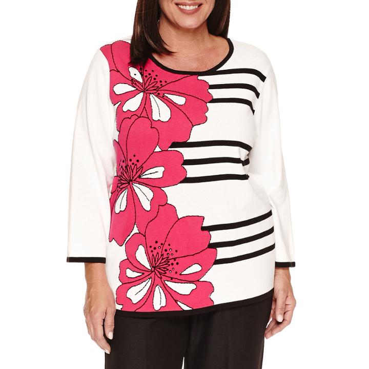 Alfred Dunner 3/4 Sleeve Floral Graphic Stripe Sweater