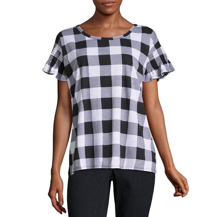 A.n.a Short Sleeve Scoop Neck Gingham T-shirt-womens