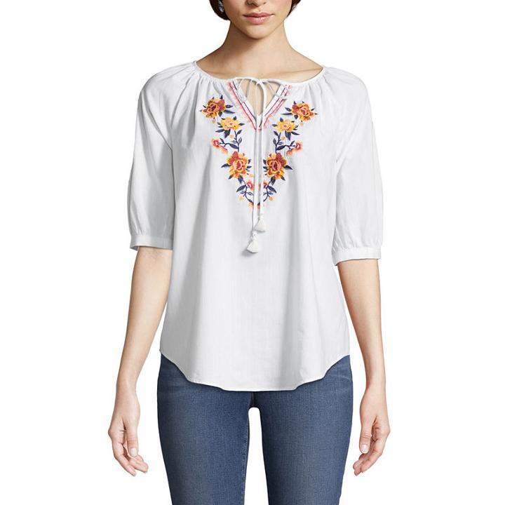 St. John's Bay Embroidered Elbow Sleeve Stripe Peasant Top