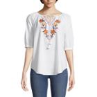 St. John's Bay Embroidered Elbow Sleeve Stripe Peasant Top