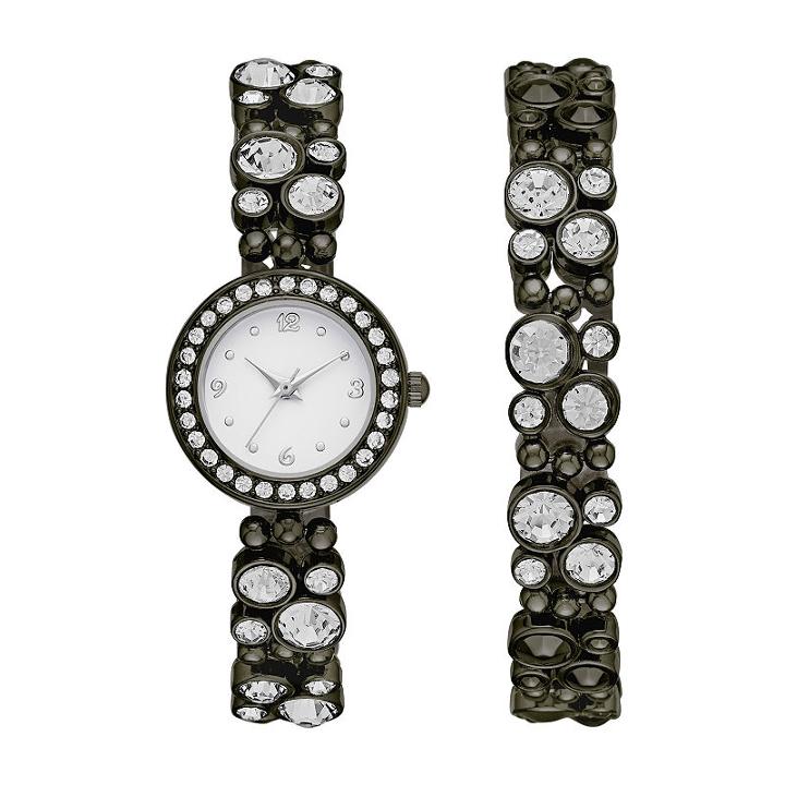 Geneva Womens Black Glitz Watch Boxed Set