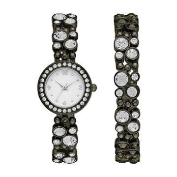 Geneva Womens Black Glitz Watch Boxed Set