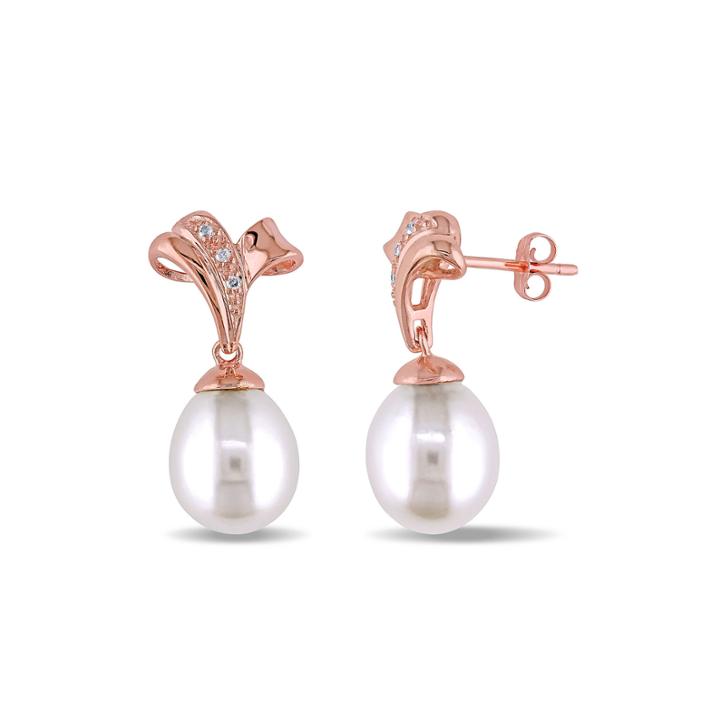 Cultured Freshwater Pearl And Diamond Accent 14k Rose Gold Over Silver Earrings