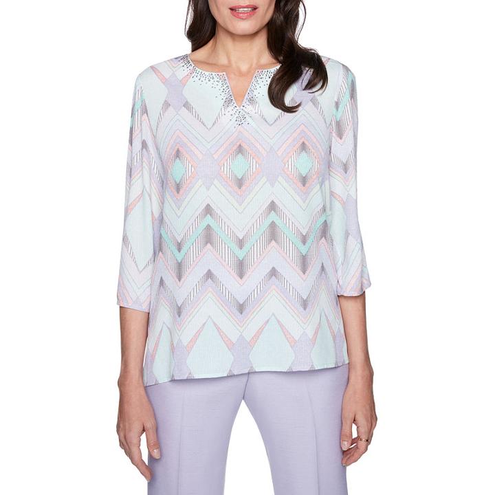Alfred Dunner Roman Holiday 3/4 Sleeve Split Crew Neck Woven Embellished Blouse