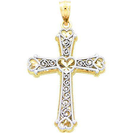 14k Two-tone Gold Heart Cross Pendant