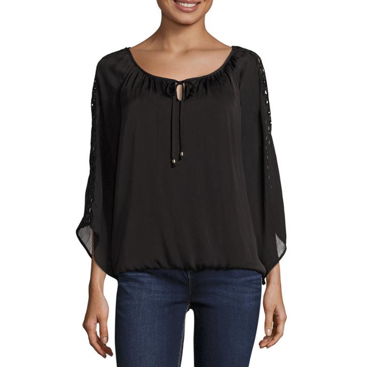 Alyx Long Sleeve Scoop Crochet Neck Charmeuse Blouse